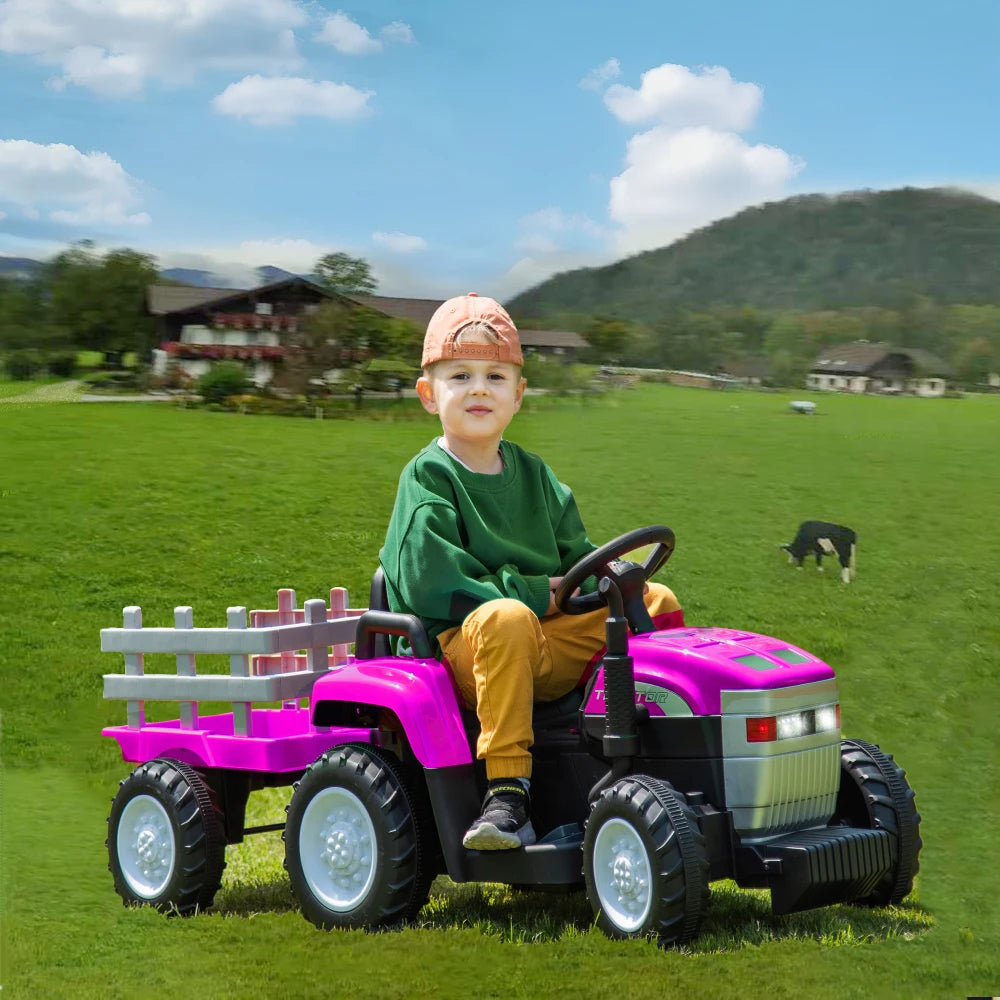 Pink, 12V7AH Battery-Powered Toy Tractor with Trailer, Remote Control, Kids' Electric Excavator Vehicles Treaded Tires AXSSIBLZ