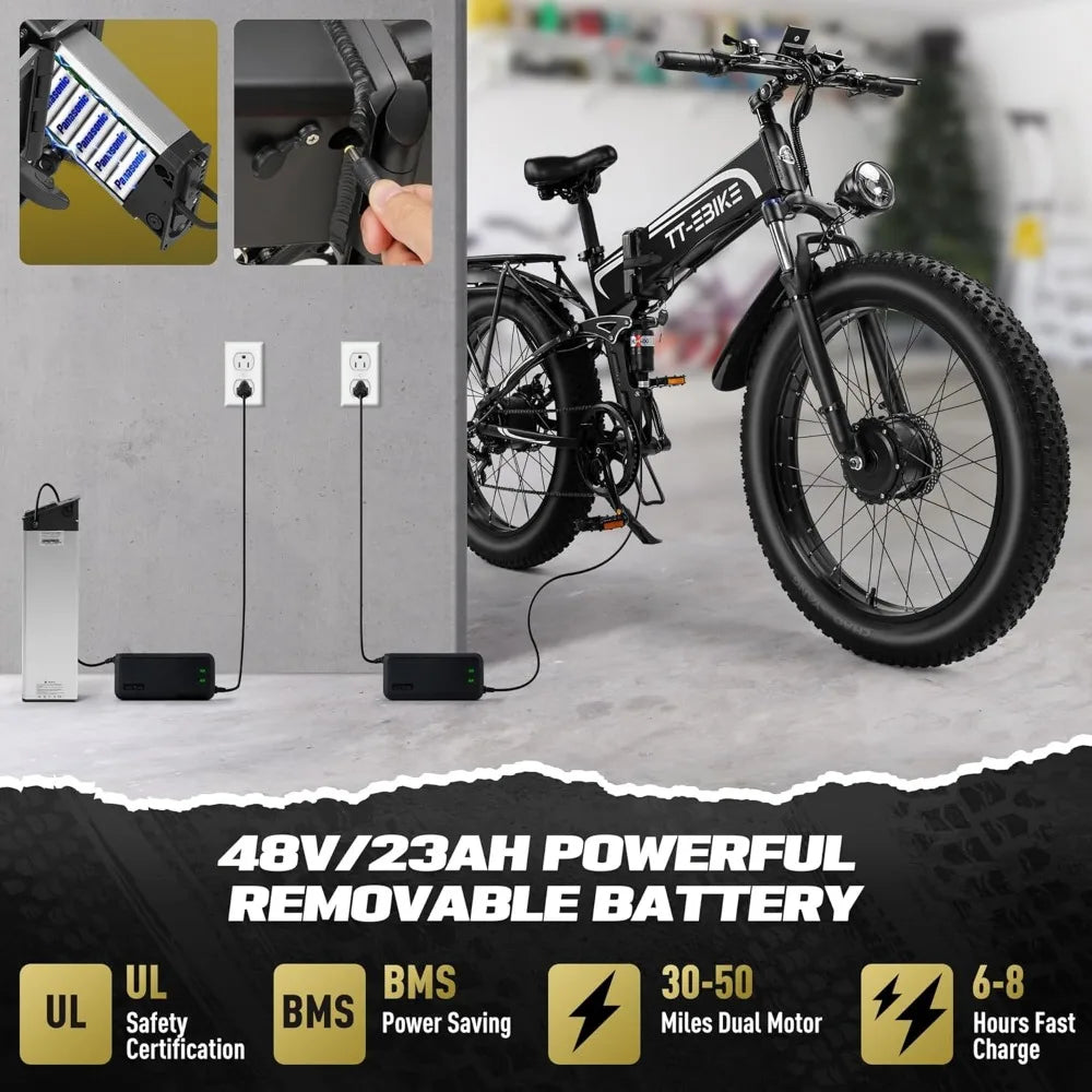 26 inch PowerFold 3000W Fat Tire Folding E-Bike – 52V 28AH, 40 MPH Speed AXSSIBLZ