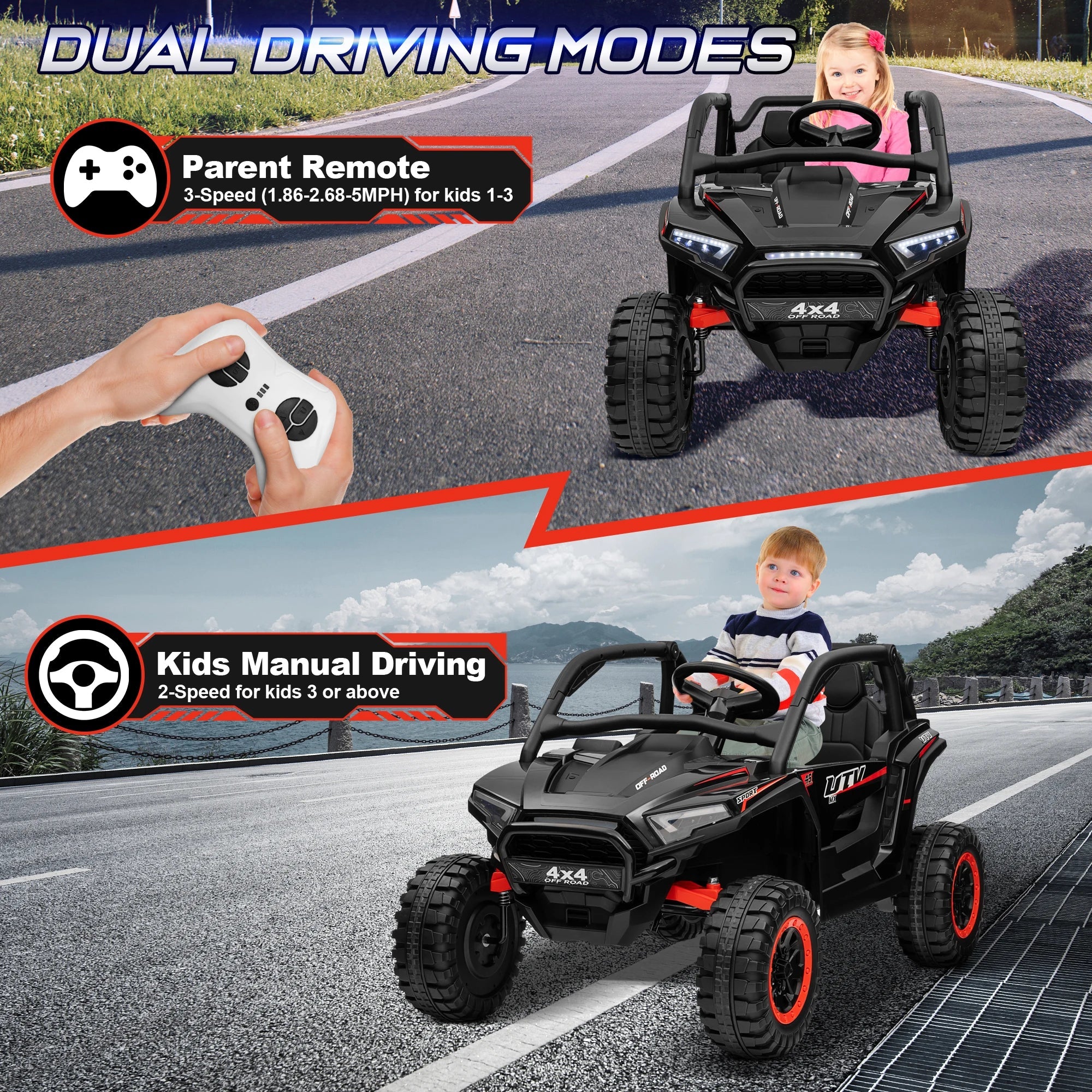 24V Ride on Car for Kids 2 Seater, 4x4 Off-Road UTV Toy w/ 3-Speed Remote Control, 4WD Powerful Motors, 18" Large Seat, AXSSIBLZ
