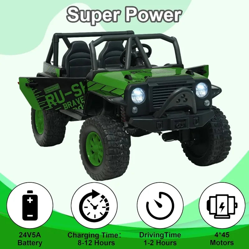 24V 5AH 2 Seater Power Wheels 4WD Kids' Electric Vehicles UTV Ride On Car Spring Absorber Wireless Bluetooth (Green) AXSSIBLZ