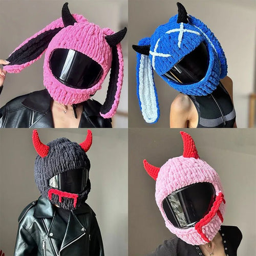 Trendy Devil's Horns Motorcycle Helmet Headgear Cover Creative Cartoon Knitted For Motocross Full-Face Protective Helmets Case AXSSIBLZ