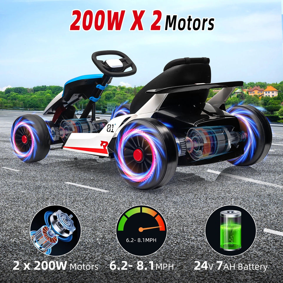 24V Go Kart Ride On Racing Toy for Kids 6+ Ride On Drift Kart with 200W*2 Extra Powerful Motors Large Battery with Music Horn AXSSIBLZ
