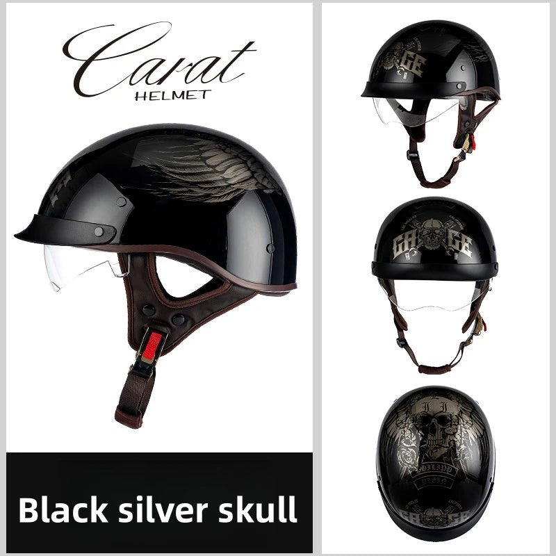 Leather Retro Motorcycle Half-Covered Helmet Comfortable Lightweight Men Portable Helmet snow Skiing Helmets with Goggles cover AXSSIBLZ