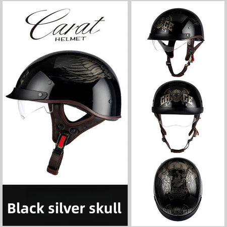 Leather Retro Motorcycle Half-Covered Helmet Comfortable Lightweight Men Portable Helmet snow Skiing Helmets with Goggles cover AXSSIBLZ