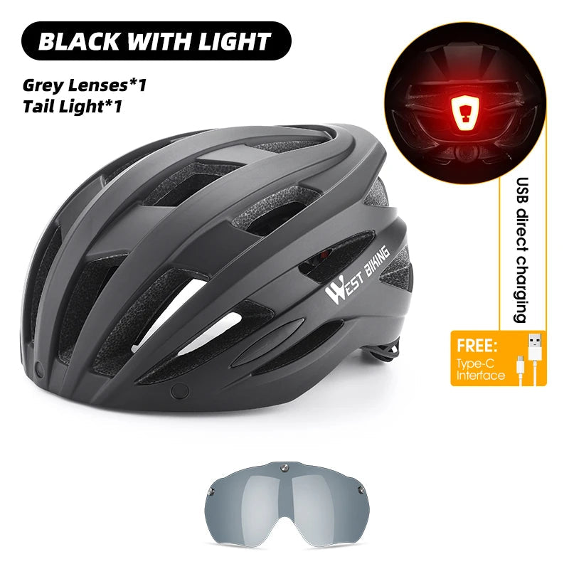 WEST BIKING Integrated Ultralight Bike Helmet With Taillight Goggle Men Women Cycling Safety Hat MTB Road Bike Motorcycle Helmet AXSSIBLZ