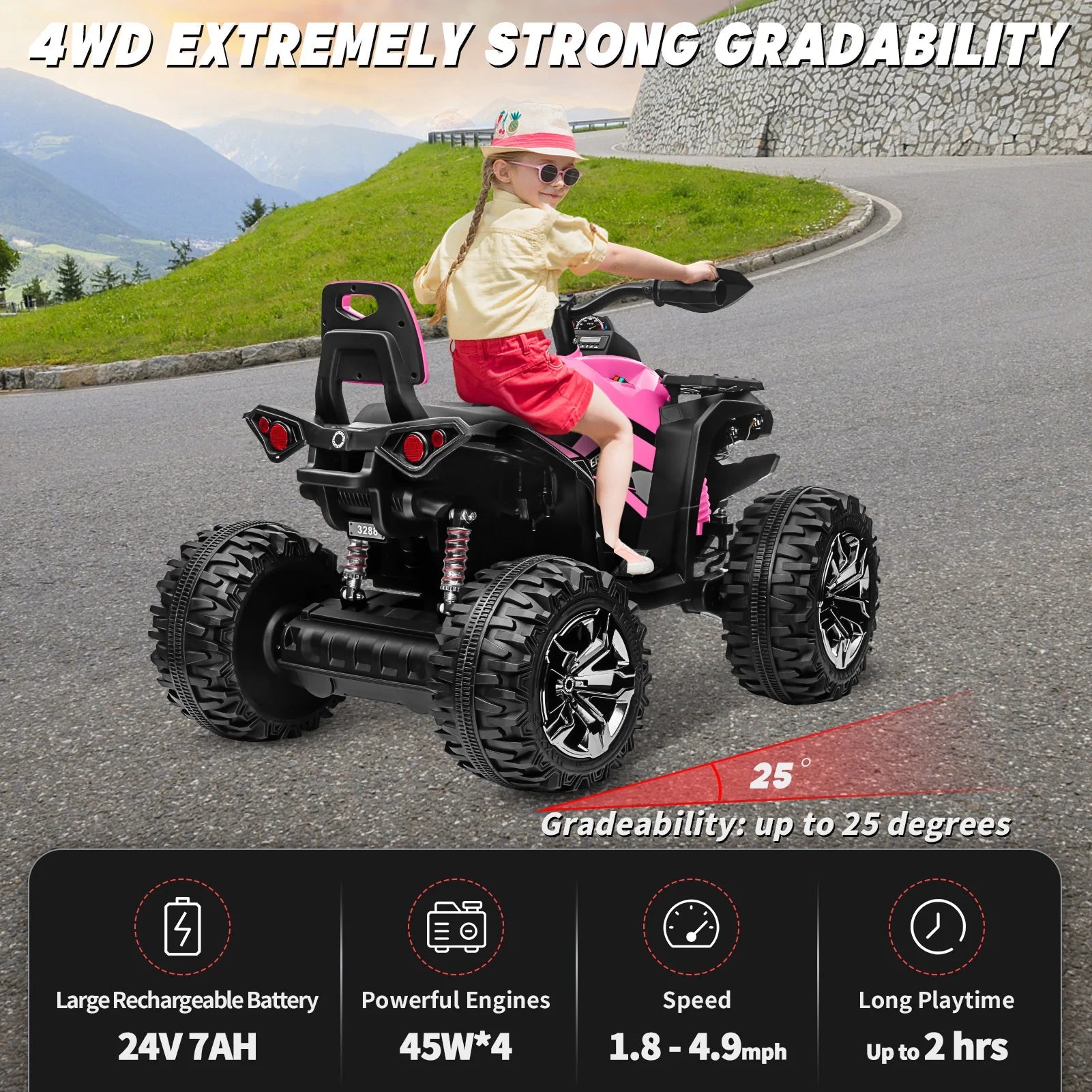 4x4 24V Kids Ride on ATV w/ Remote, 2 Seater Powerful 4-Wheeler Quad Electric Car, 800W Motor Ride on Toys w/ High/Low Speed AXSSIBLZ