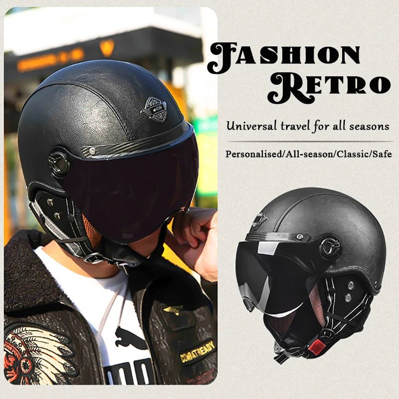 AD Retro Motorcycle Helmets with Harley Visor Leather Helmet for Man Electric Motorbike Vintage Protected Motor Safety Cap AXSSIBLZ