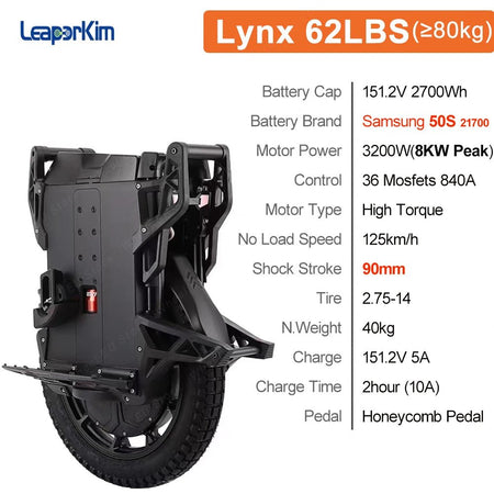 Newest LeaperKim Veteran Lynx 50S 151.2V 2700Wh 50S Battery 3200W Motor 2.75-14 Tire High Torque Lynx Electric Unicycle AXSSIBLZ