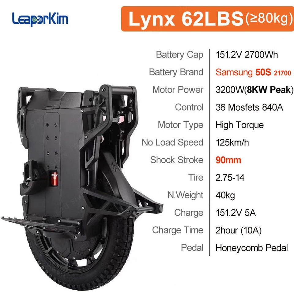Newest LeaperKim Veteran Lynx 50S 151.2V 2700Wh 50S Battery 3200W Motor 2.75-14 Tire High Torque Lynx Electric Unicycle AXSSIBLZ