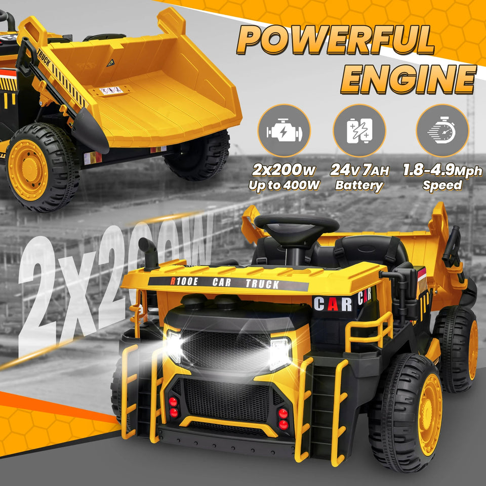 24V Ride on Toys w/Remote Control, 2 Seater 400W Ride on Dump Truck, Electric Powered Ride on w/Dump Bed, 3 Speeds, Shovel, Blue AXSSIBLZ