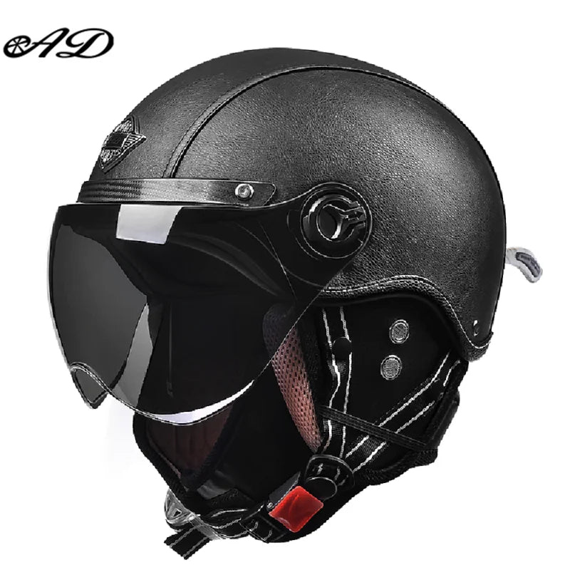 AD Retro Motorcycle Helmets with Harley Visor Leather Helmet for Man Electric Motorbike Vintage Protected Motor Safety Cap AXSSIBLZ