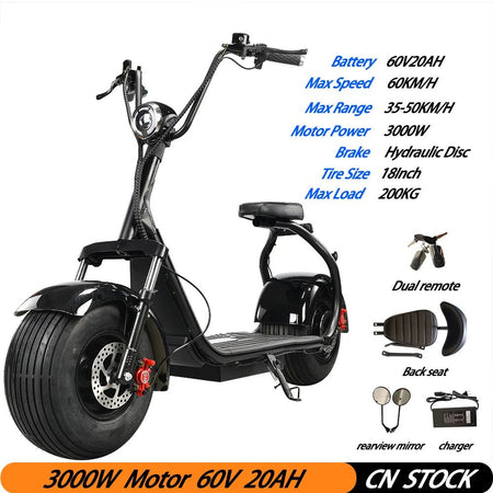 3000W Motor E Scooters Motorcycle Max Speed 45 KM/H 18 Inch Fat Tire  60V20AH Max Load 200KG Adult Electric 2 Wheel Scooter AXSSIBLZ