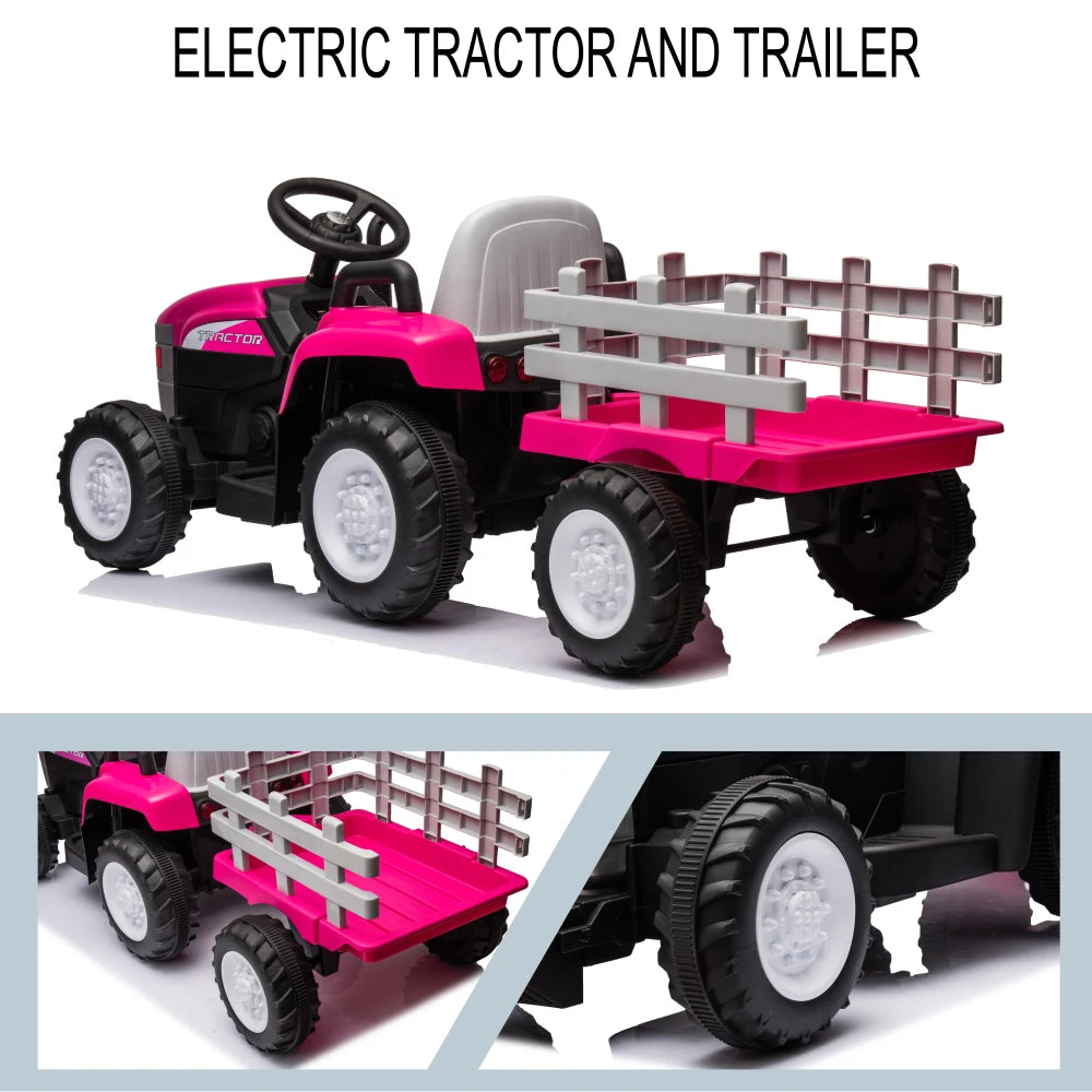 Pink, 12V7AH Battery-Powered Toy Tractor with Trailer, Remote Control, Kids' Electric Excavator Vehicles Treaded Tires AXSSIBLZ