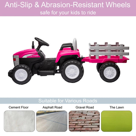 Pink, 12V7AH Battery-Powered Toy Tractor with Trailer, Remote Control, Kids' Electric Excavator Vehicles Treaded Tires AXSSIBLZ