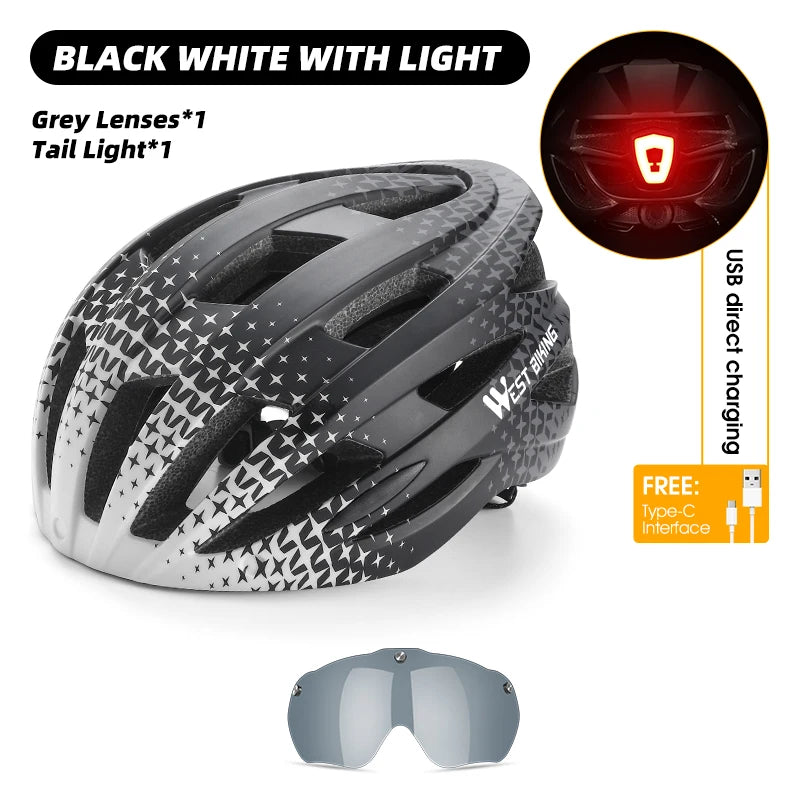 WEST BIKING Integrated Ultralight Bike Helmet With Taillight Goggle Men Women Cycling Safety Hat MTB Road Bike Motorcycle Helmet AXSSIBLZ
