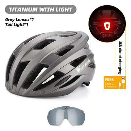 WEST BIKING Integrated Ultralight Bike Helmet With Taillight Goggle Men Women Cycling Safety Hat MTB Road Bike Motorcycle Helmet AXSSIBLZ