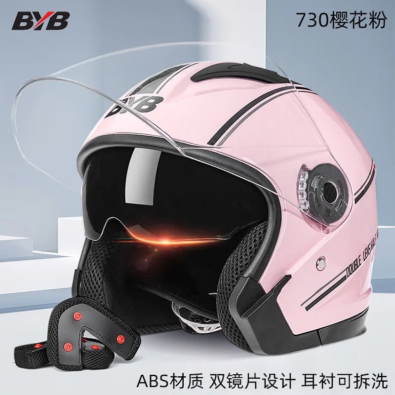 Motorcycle Open Face Helmet For Men And Women Dual Lens Sun Visor Face Shield Top Lightweight Scooter Bike Retro 3/4 Helmet AXSSIBLZ