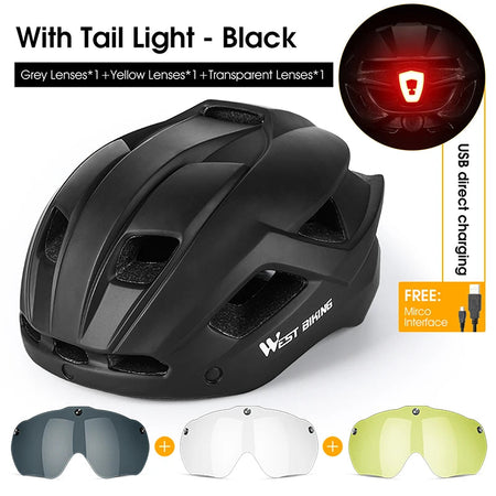 WEST BIKING Integrated Ultralight Bike Helmet With Taillight Goggle Men Women Cycling Safety Hat MTB Road Bike Motorcycle Helmet AXSSIBLZ