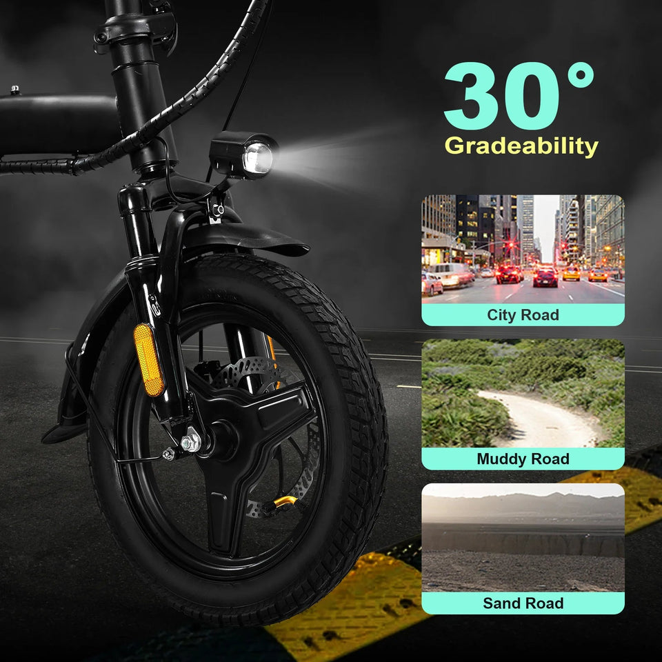 400W motor adult electric bicycle, foldable with seat and basket, 14 inch 48V 10.4Ah detachable battery, 22 mile range 20MPH AXSSIBLZ