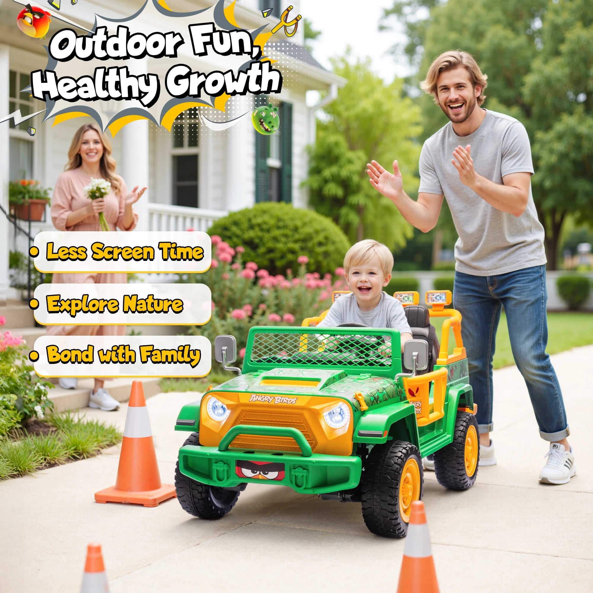 Funappy Birthday on Wheels Kids Electric Ride-On Car – 4WD Off-Road, Dual Seats, Remote Control, Bluetooth, for Ages 3-8 AXSSIBLZ