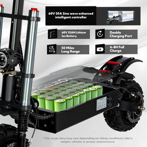 TOURSOR E5B Electric Scooter Adults, 60V 40AH 6000W Dual Power Motor Top Speed Of 50mph Up to 60 Miles on a Full Charge AXSSIBLZ
