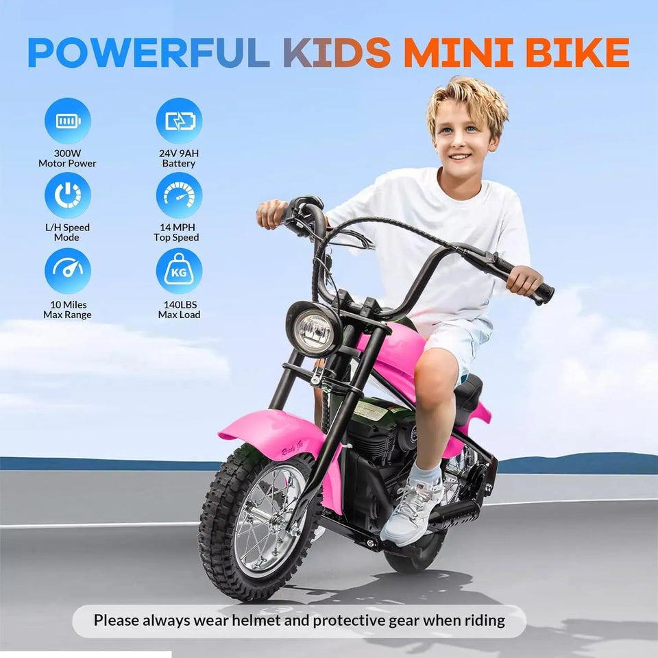 24V Electric Dirt Bike, 250W Electric Motorcycle w/LED Light, Leather Seat- Two Speed Max Up to 14MPH & 60 Minutes Motorbike AXSSIBLZ