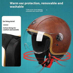 Four Season Universal Classic Retro Leather Electric Bike Motorcycle Helmet Harley Helmet Scooter Men'S And Women'S Half Helmets AXSSIBLZ