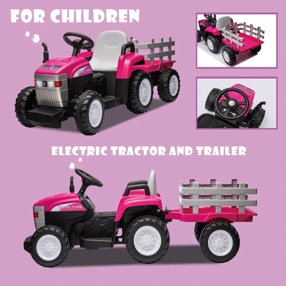 Pink, 12V7AH Battery-Powered Toy Tractor with Trailer, Remote Control, Kids' Electric Excavator Vehicles Treaded Tires AXSSIBLZ