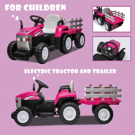 Pink, 12V7AH Battery-Powered Toy Tractor with Trailer, Remote Control, Kids' Electric Excavator Vehicles Treaded Tires AXSSIBLZ