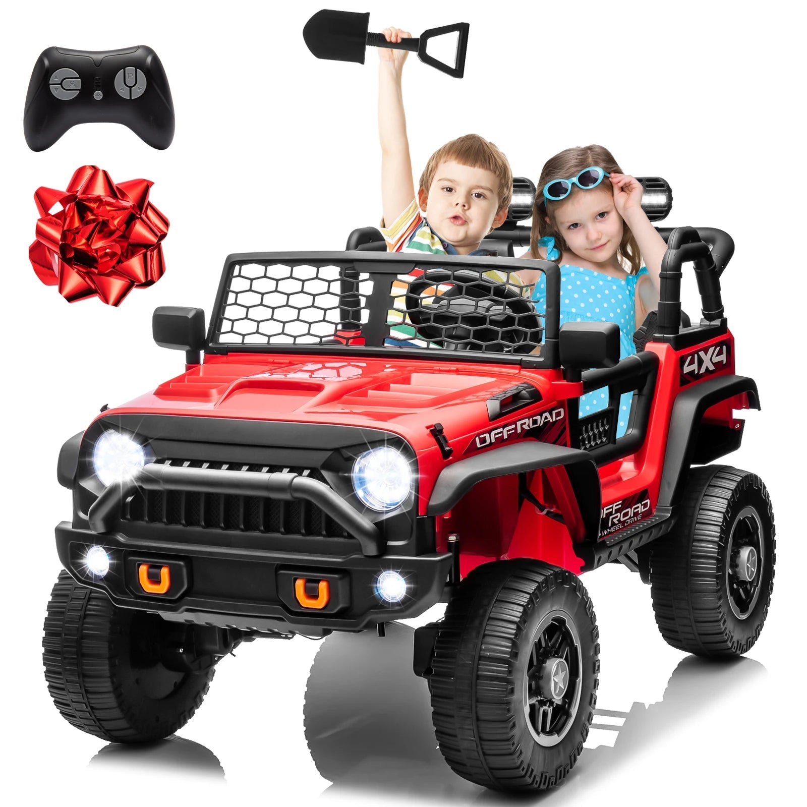 24V Ride on Car Truck with Remote Control & 2 Seater, 4WD/2WD Switchable 400W Powered Ride on Toys with Shovel Spring Suspension AXSSIBLZ