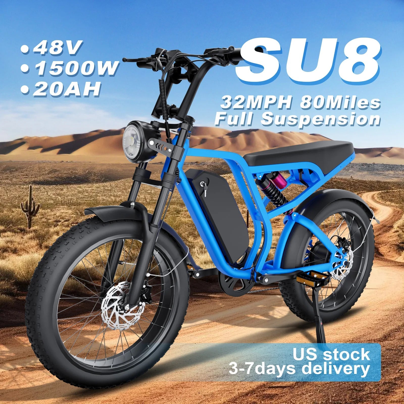 SU8 Model Electric Bike 48V 1500W Motor, 35MPH Speed, 75-Mile Range, Detachable Battery