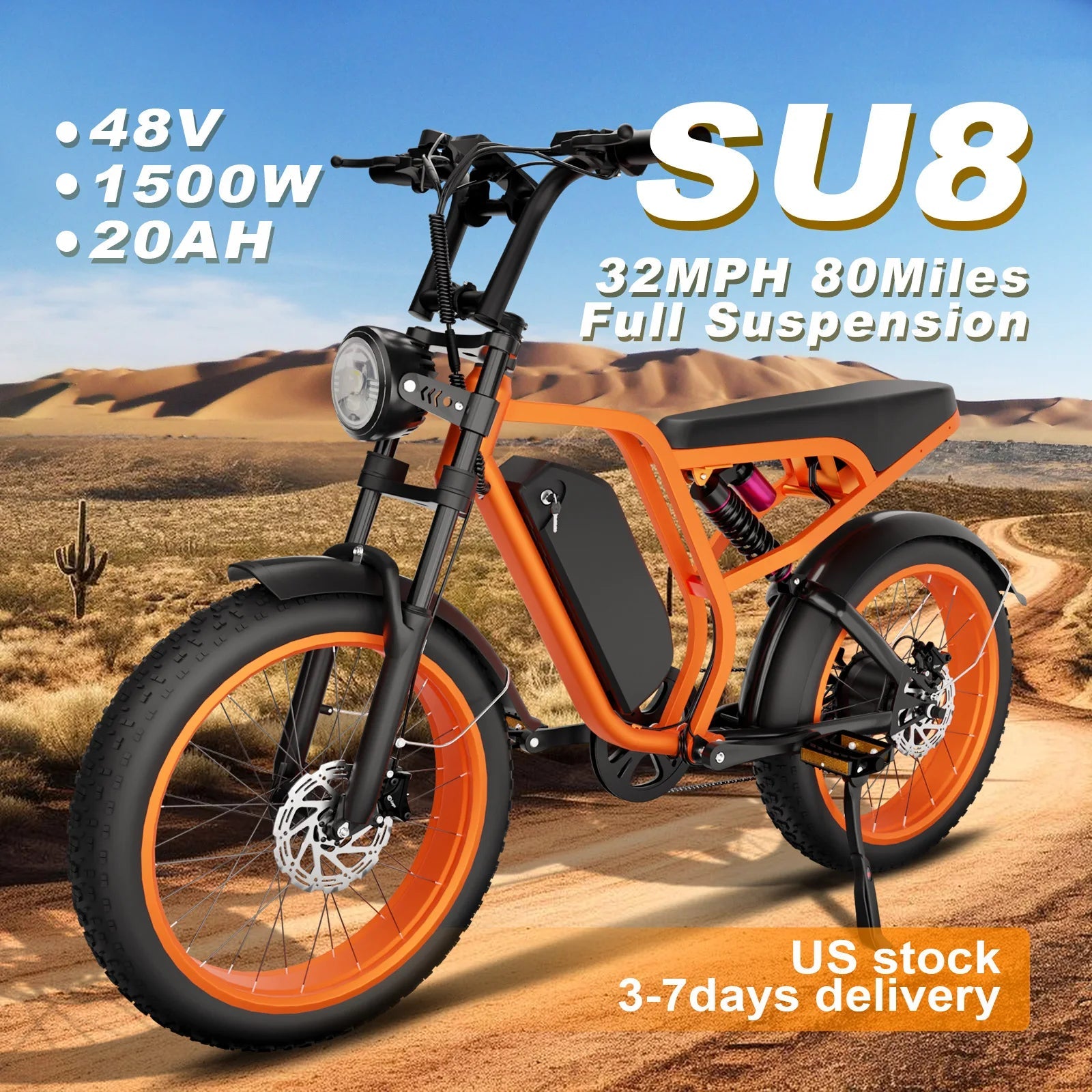 SU8 Model Electric Bike 48V 1500W Motor, 35MPH Speed, 75-Mile Range, Detachable Battery