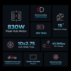 ENGWE 830W Peak Electric Folding Scooter, 48V 18.2AH, 43.5 Miles Range, 28mph, 10*4.0 Tires, Full Suspension, City & Rough Road AXSSIBLZ
