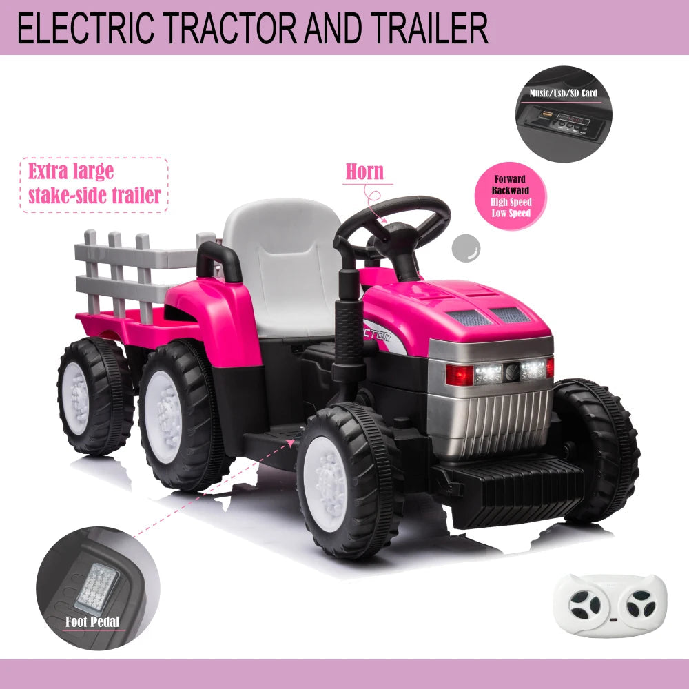 Pink, 12V7AH Battery-Powered Toy Tractor with Trailer, Remote Control, Kids' Electric Excavator Vehicles Treaded Tires AXSSIBLZ