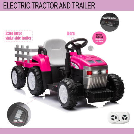 Pink, 12V7AH Battery-Powered Toy Tractor with Trailer, Remote Control, Kids' Electric Excavator Vehicles Treaded Tires AXSSIBLZ