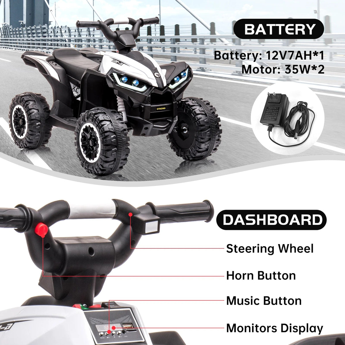 12V Kids Ride On ATV, Electric Battery, Powered Four Wheeler with Music, Led Lights, Soft Start, USB Port, and Treaded Tires AXSSIBLZ