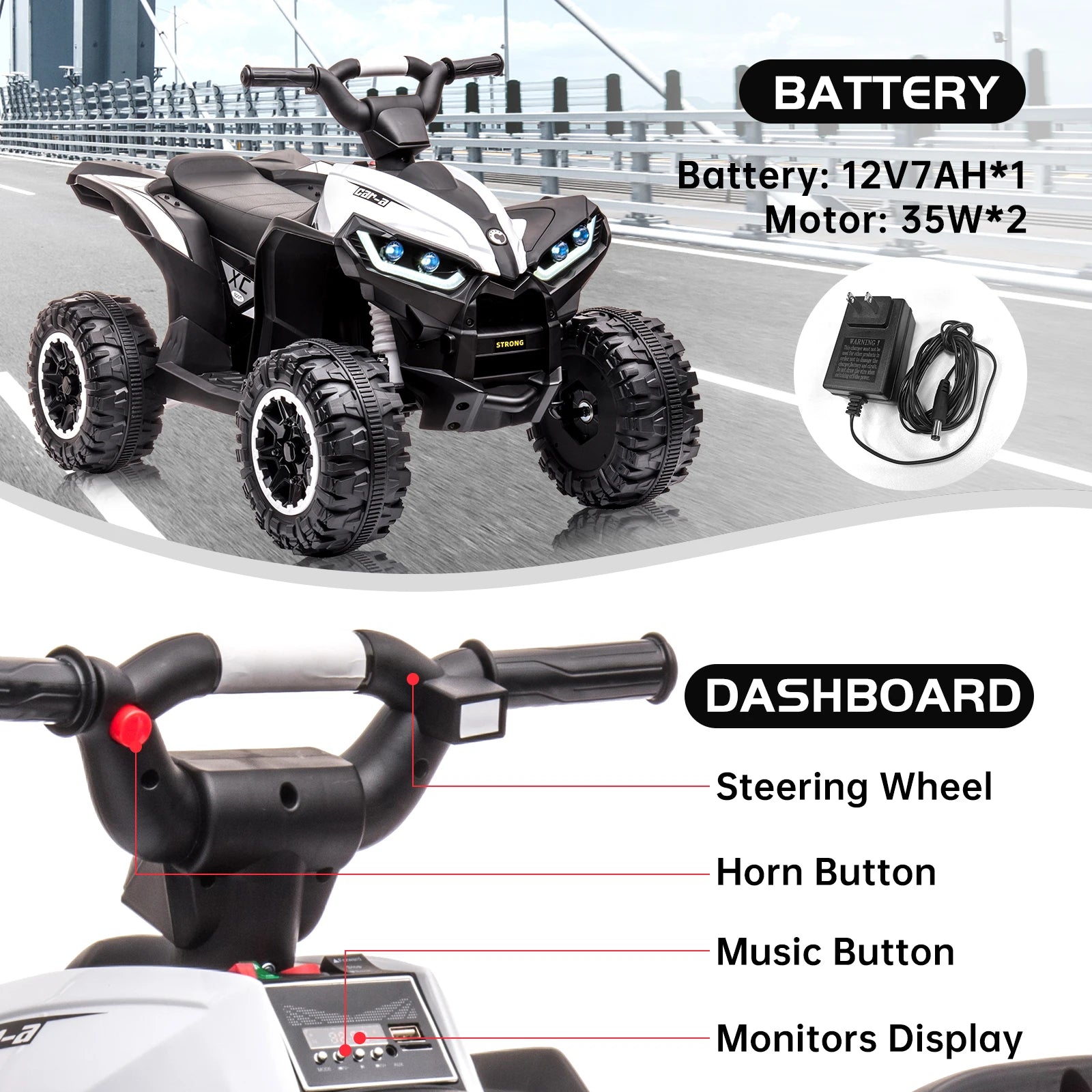 12V Kids Ride On ATV, Electric Battery, Powered Four Wheeler with Music, Led Lights, Soft Start, USB Port, and Treaded Tires AXSSIBLZ