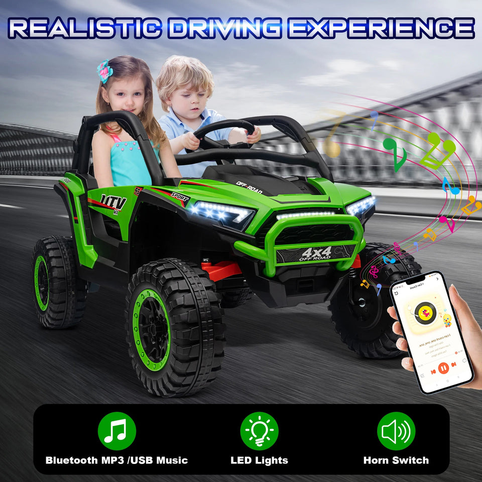 24V Ride on Car for Kids 2 Seater, 4x4 Off-Road UTV Toy w/ 3-Speed Remote Control, 4WD Powerful Motors, 18" Large Seat, AXSSIBLZ